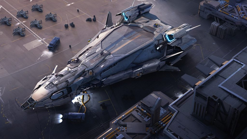 Star Citizen's RSI Polaris ship on the screen with a number of small fighters parked next to it.