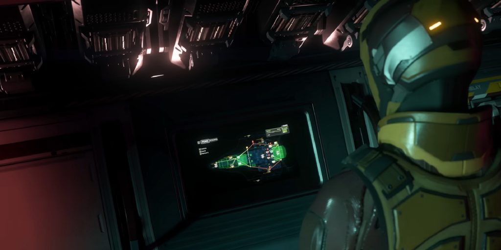 An engineer in Star Citizen looking at the maintenance map on a ship's terminal.