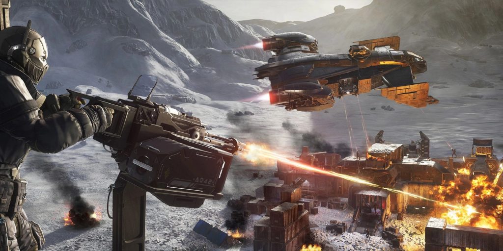 A soldier shooting at enemies with a machine gun on the left with a ship flying over Jumptown in Star Citizen.