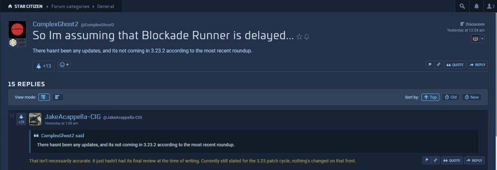 A comment from Star Citizen developer on Spectrum regarding the release window of Blockade Runner
