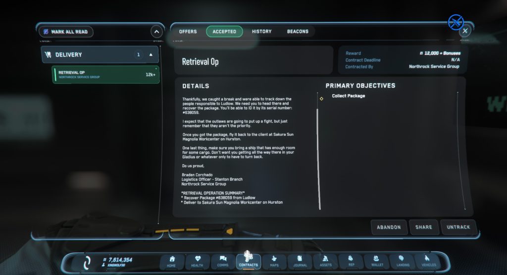 Delivery contract in Star Citizen
