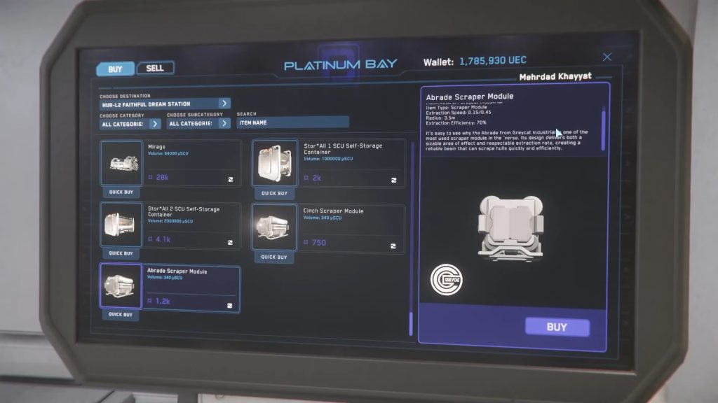 Buying a salvage module from Platinum Bay terminal in Star Citizen.