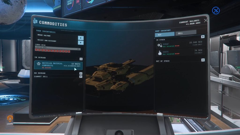 Using a TDD center terminal to sell cargo in Star Citizen.