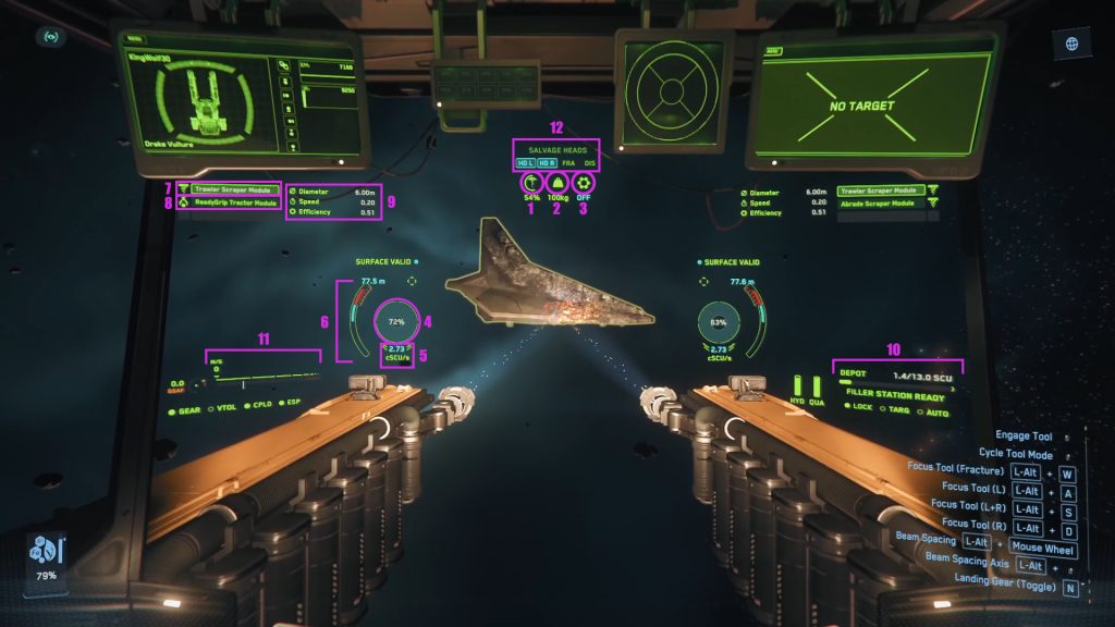 UI indicators in Drake Vulture's Salvage mode in Star Citizen.