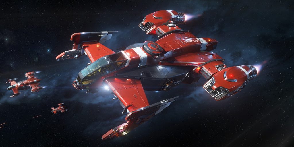 two cutlass red ships from Star Citizen fighting in space.