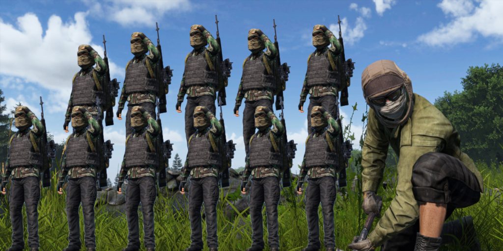 Several duplicated DayZ characters on the screen.