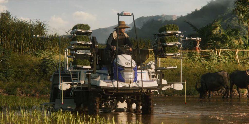 A screenshot from the official cinematic trailer of Farming Simulator 25