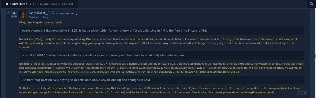 Yogi Klatt, Star Citizen developer, talking about flight combat experience in 3.23