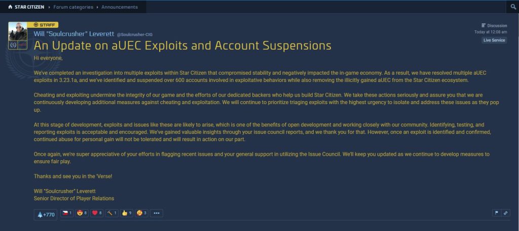 CIG Statement on Star Citizen exploiters.