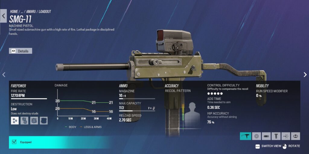 Rainbow Six Siege - SMG-11 Stats With Extended Barrel