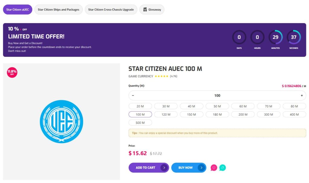 A website selling aUEC for Star Citizen