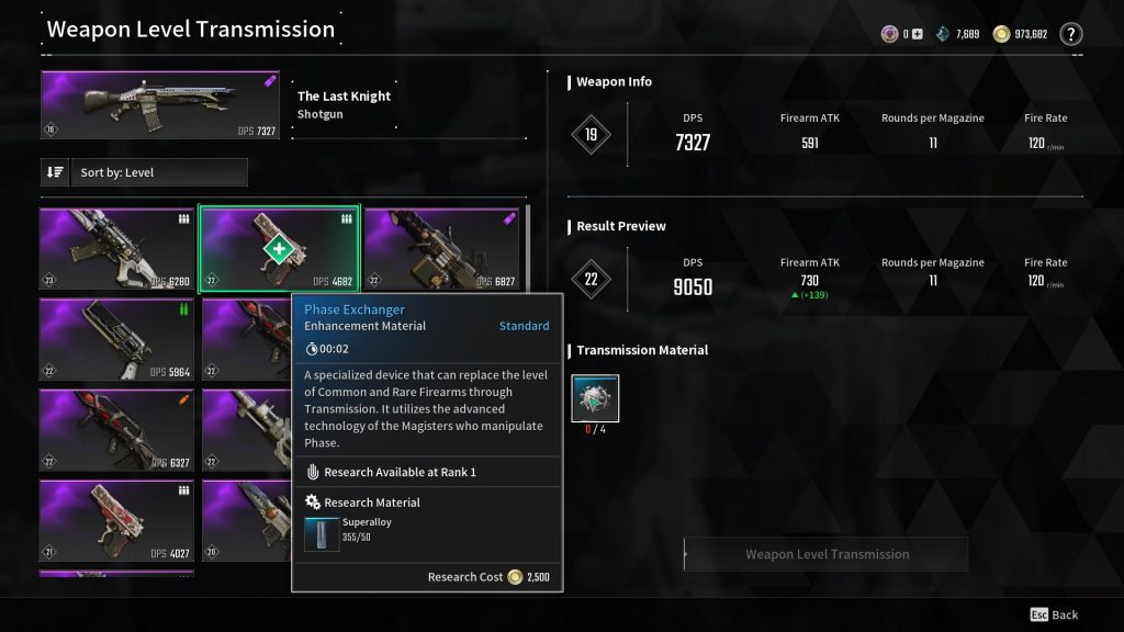 Weapon Level Transmission menu in The First Descendant