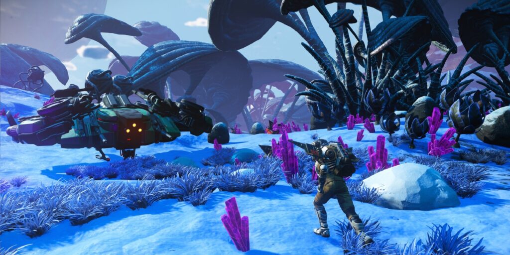 A spaceman running towards their spaceship in No Man's Sky