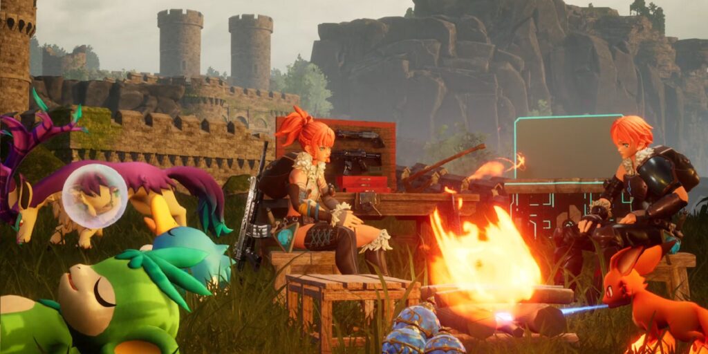 Two characters resting next to a campfire in Palworld