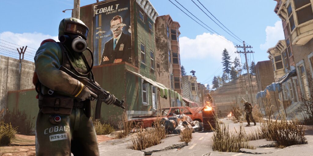 An armed man guarding a street in Rust