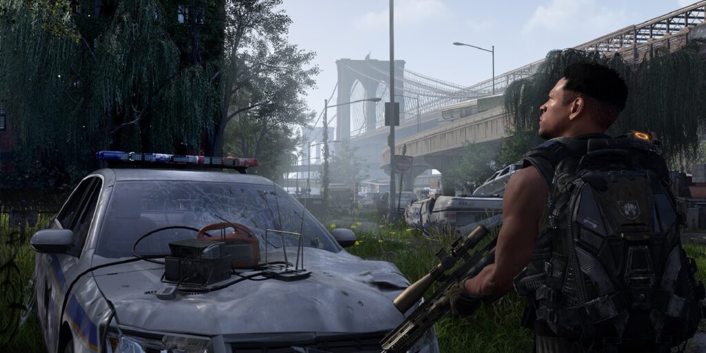 A mercenary standing next to a car in the post-apocalyptic Washington - The Division 2