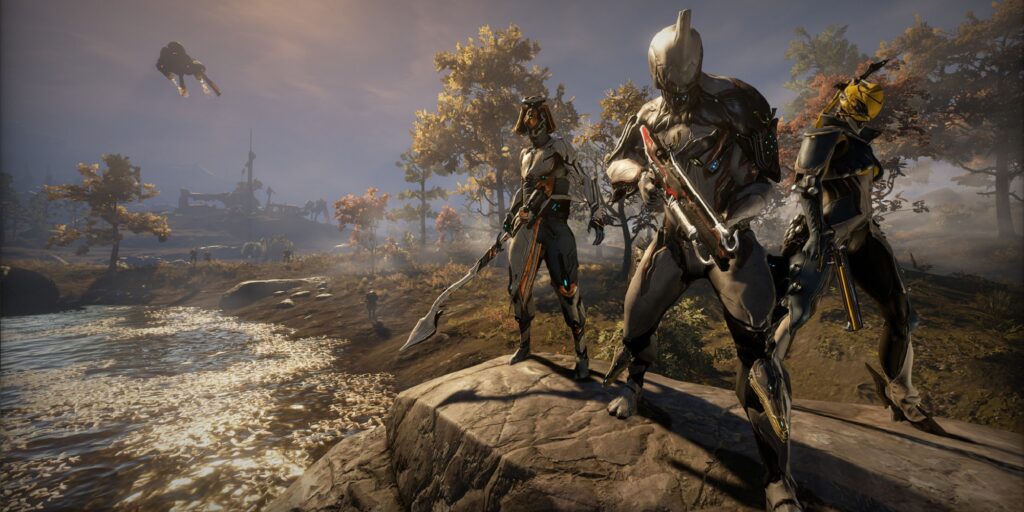 Three characters wielding weapons in hands - Warframe