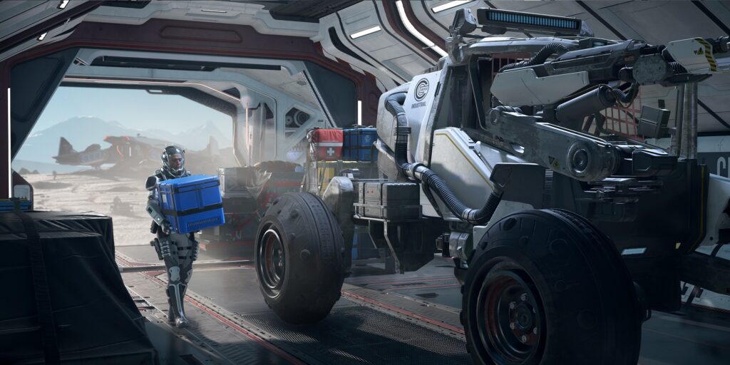 A player loading cargo inside C1 Spirit in Star Citizen