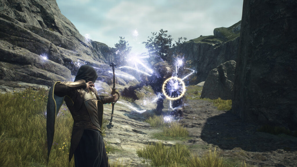 The player shooting arrows at a hostile creature in Dragon's Dogma 2