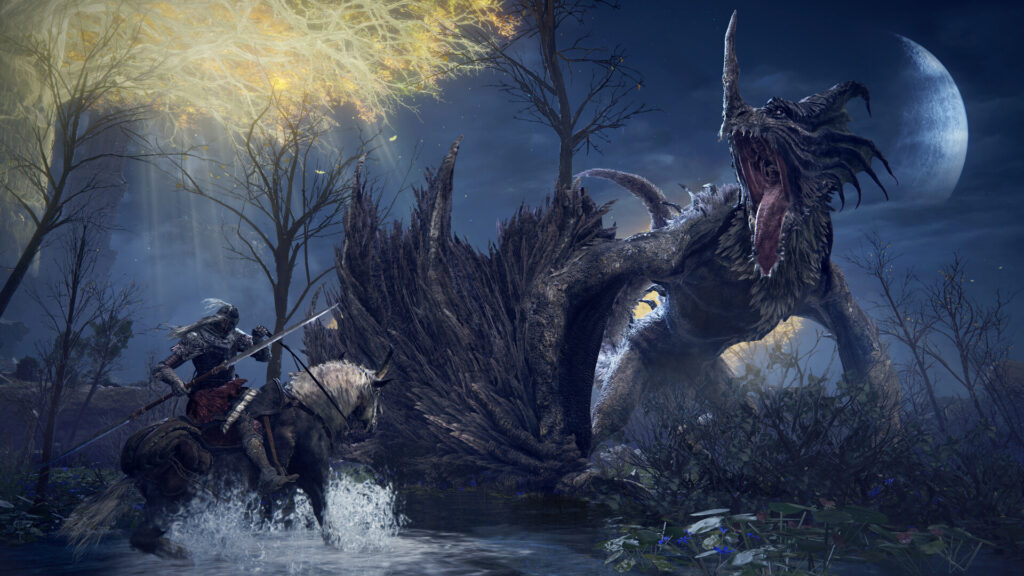 The player fighting a dragon in Elden Ring