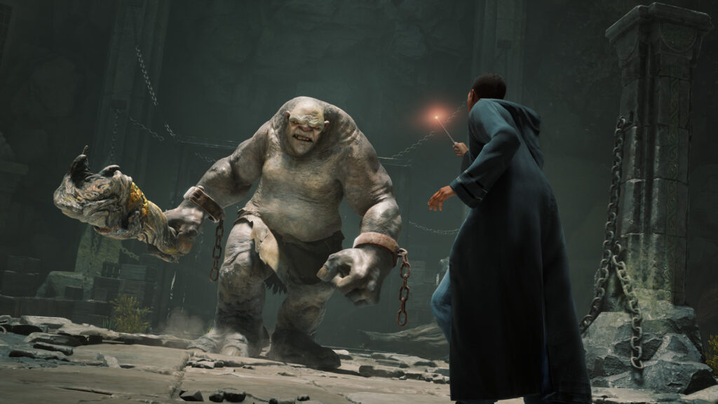 The player fighting a troll in Hogwartz Legacy