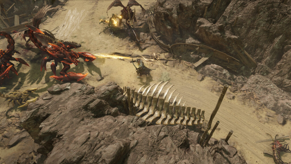 The player attacking scorpions in Last Epoch