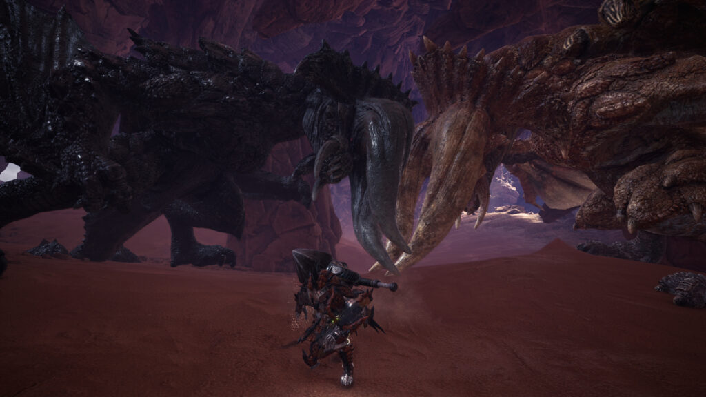 Two monsters fighting each other in Monster Hunter World