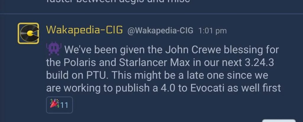 Wakapedia CIG confirms next Alpha 3.24.3 PTU build will include Polaris and Starlancer Max