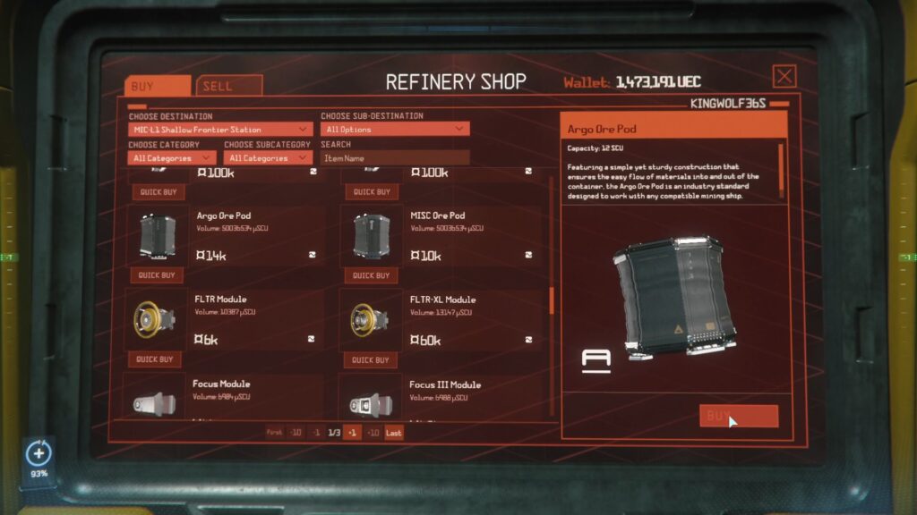 Purchasing Argo Ore Pod from a Refinery