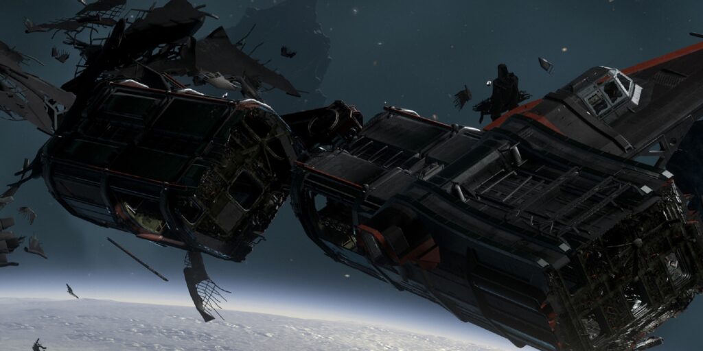 A derelict ship in space in Star Citizen